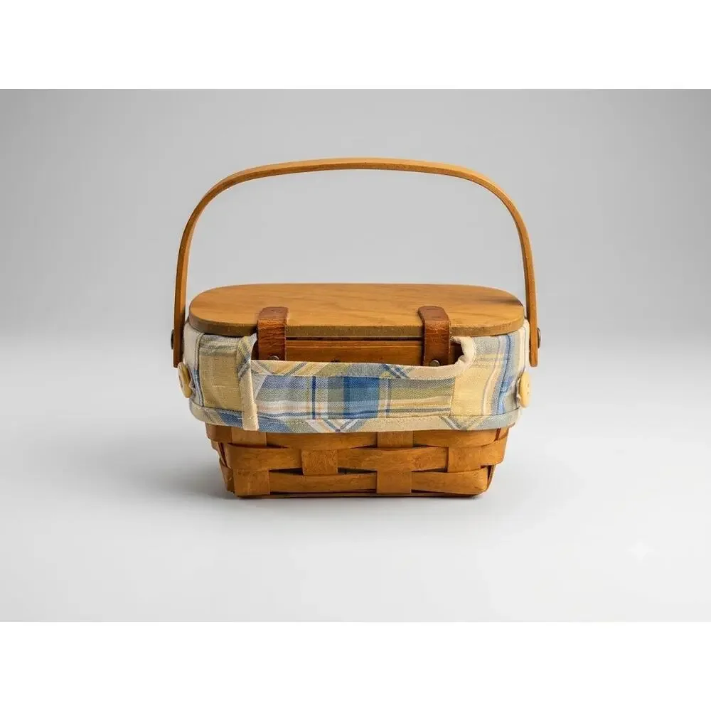 Vintage 1994 Longaberger Basket w/ Wooden Lid and Cornflower Plaid Fabric Liner